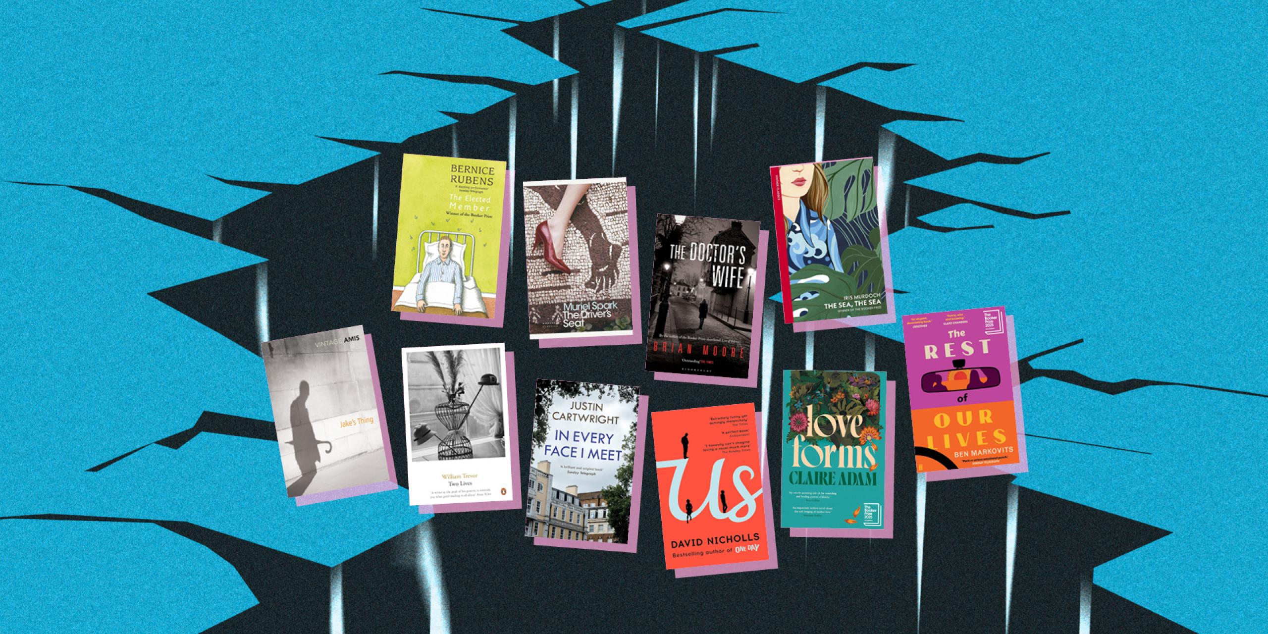 Ten individual book covers with a background of a blue crack in the middle of a black road.
