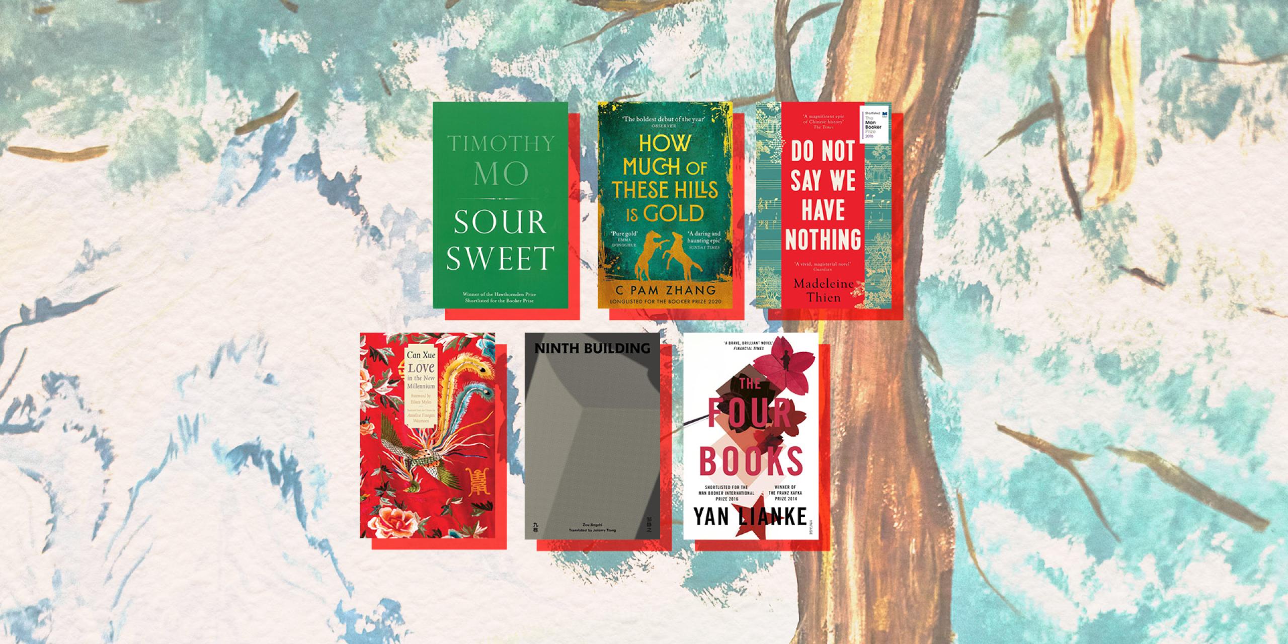 Six books cover images set against an illustrated woodland background