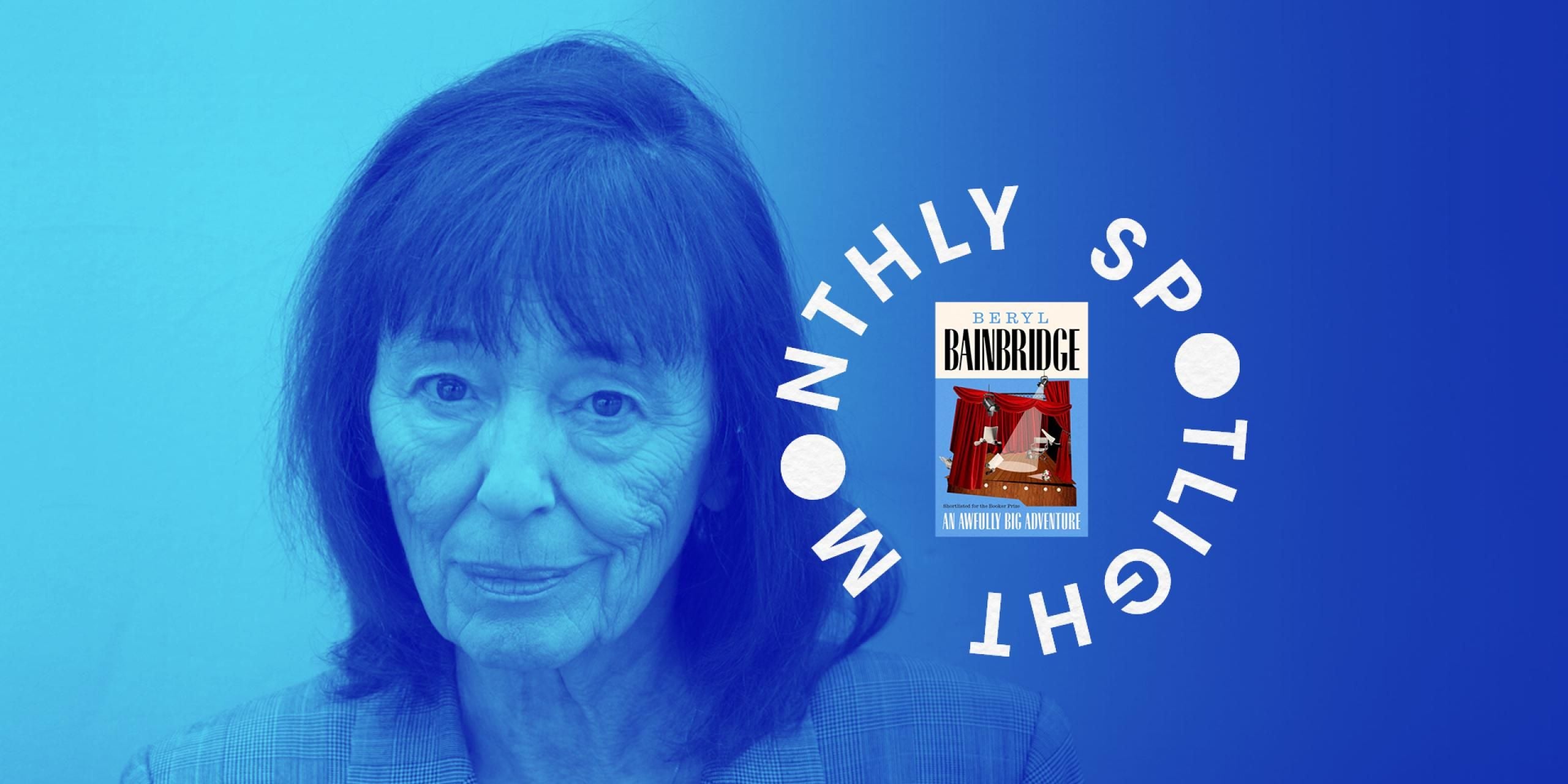 An image of Beryl Bainbridge with a blue overlay and image of the book cover.
