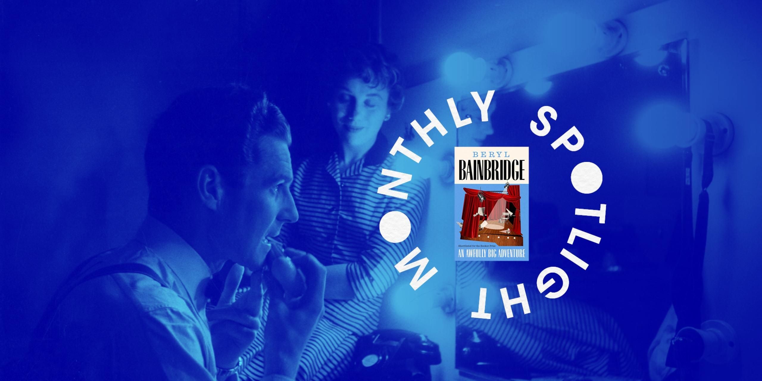 Two actors getting ready backstage in a theatre. There is a blue overlay with the bookcover image.