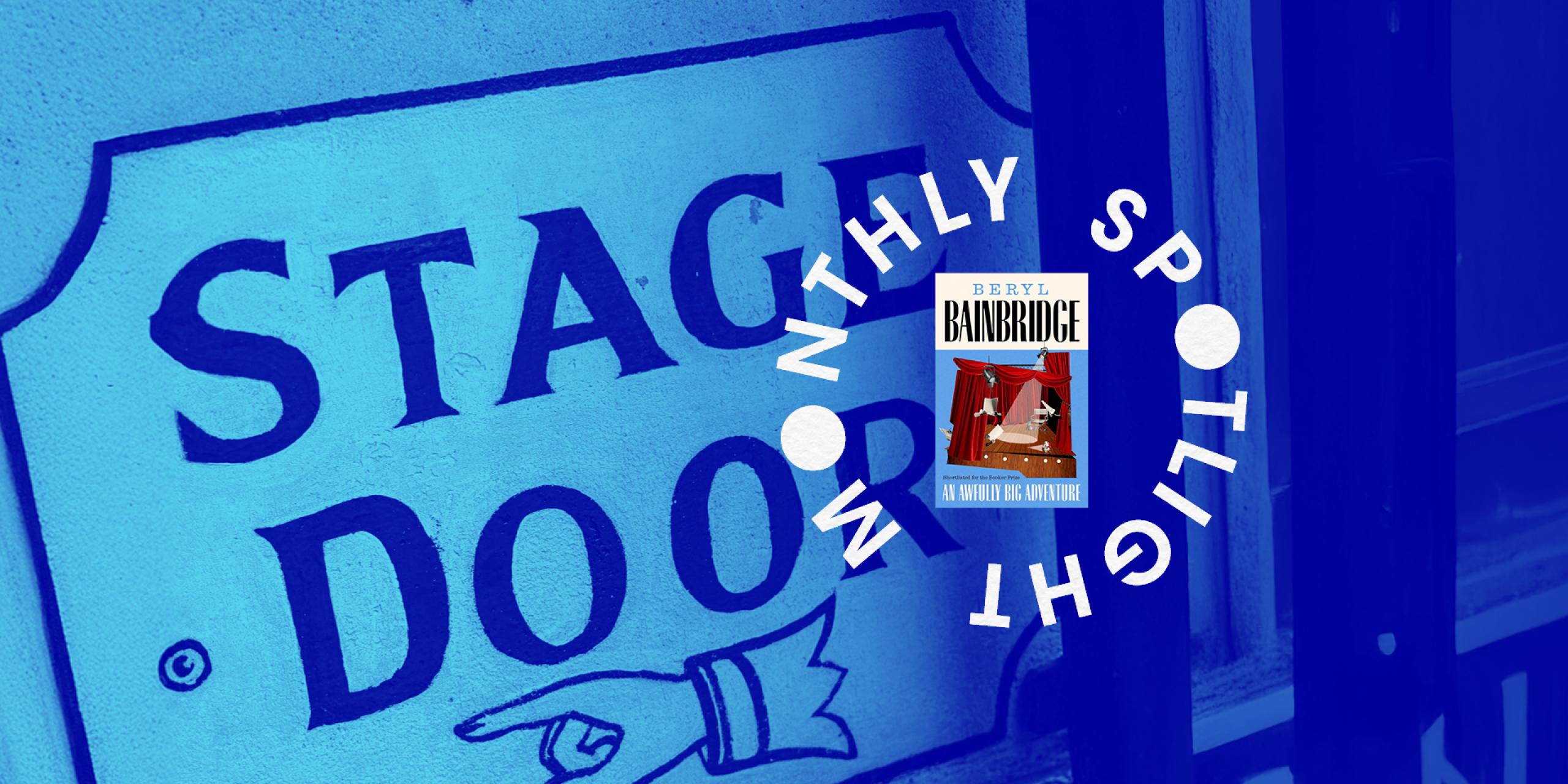 A handwritten stage door sign with a blue overlay and book cover image. 