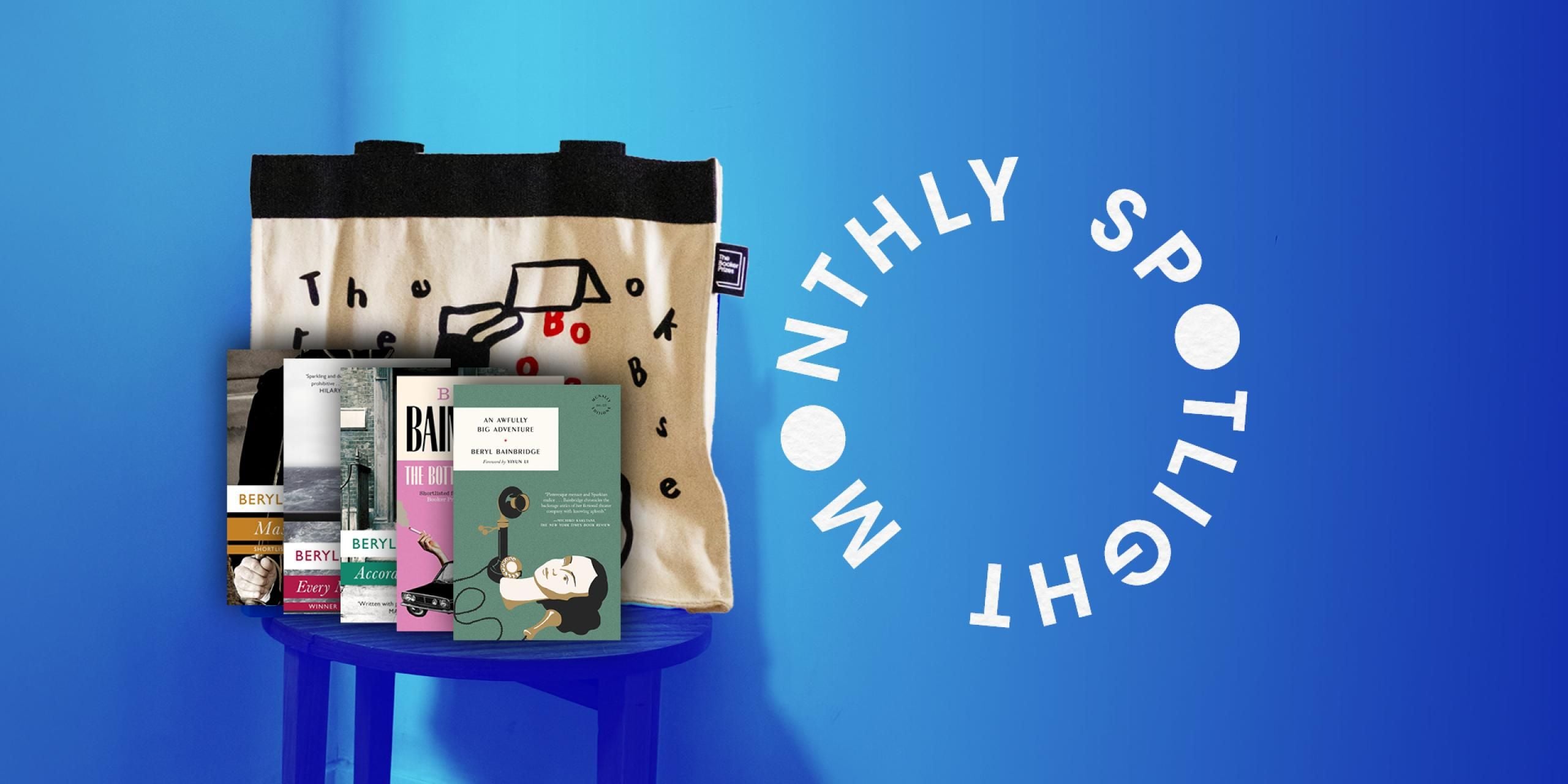 Four Beryl Bainbridge book covers and a Booker tote bag.