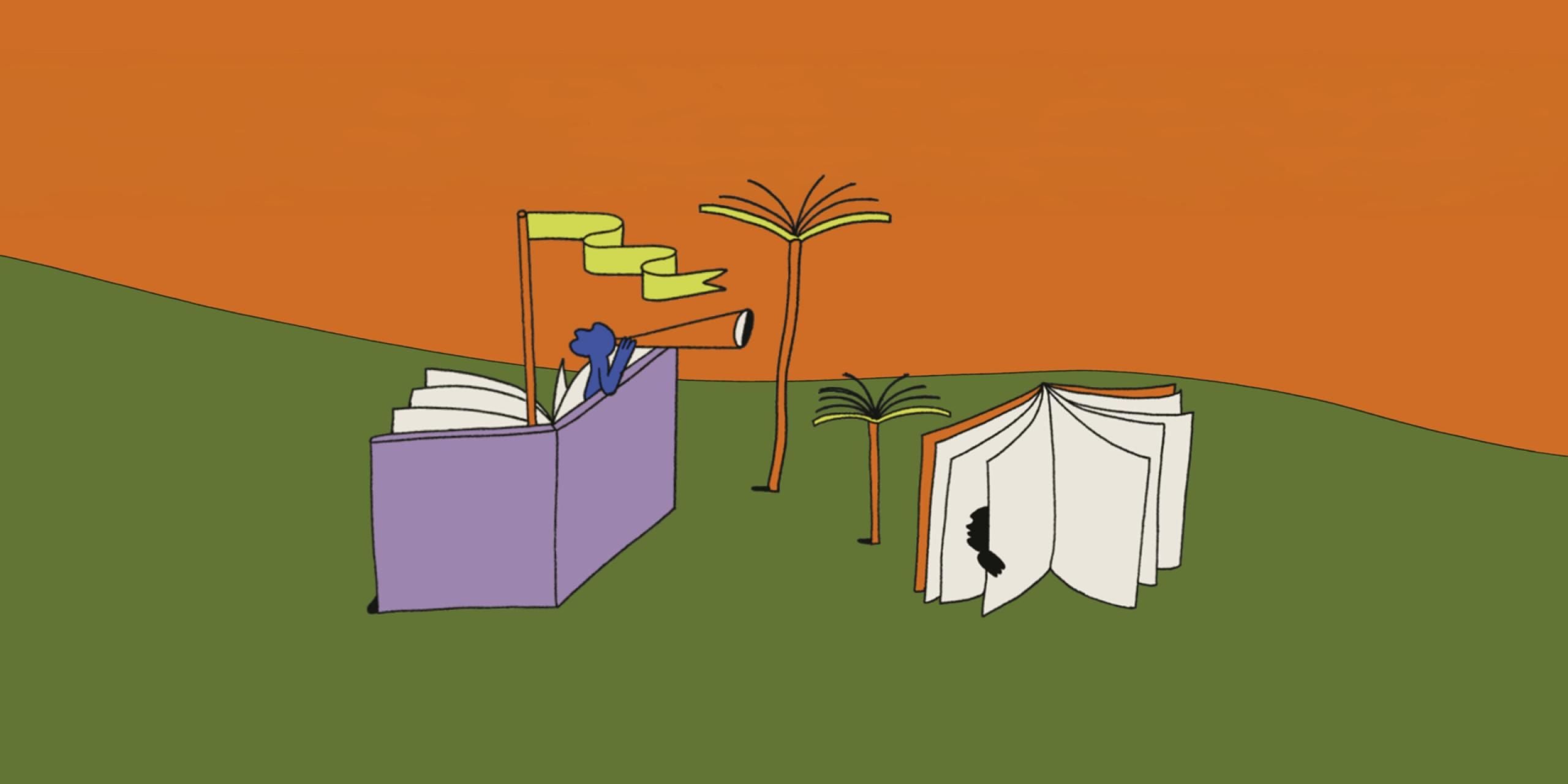 An illustration with giant books arranged into playful situations to become a dens, with energetic-looking characters playing in, on and around the books. The sky is orange and the ground is green. There are trees made of books, too.