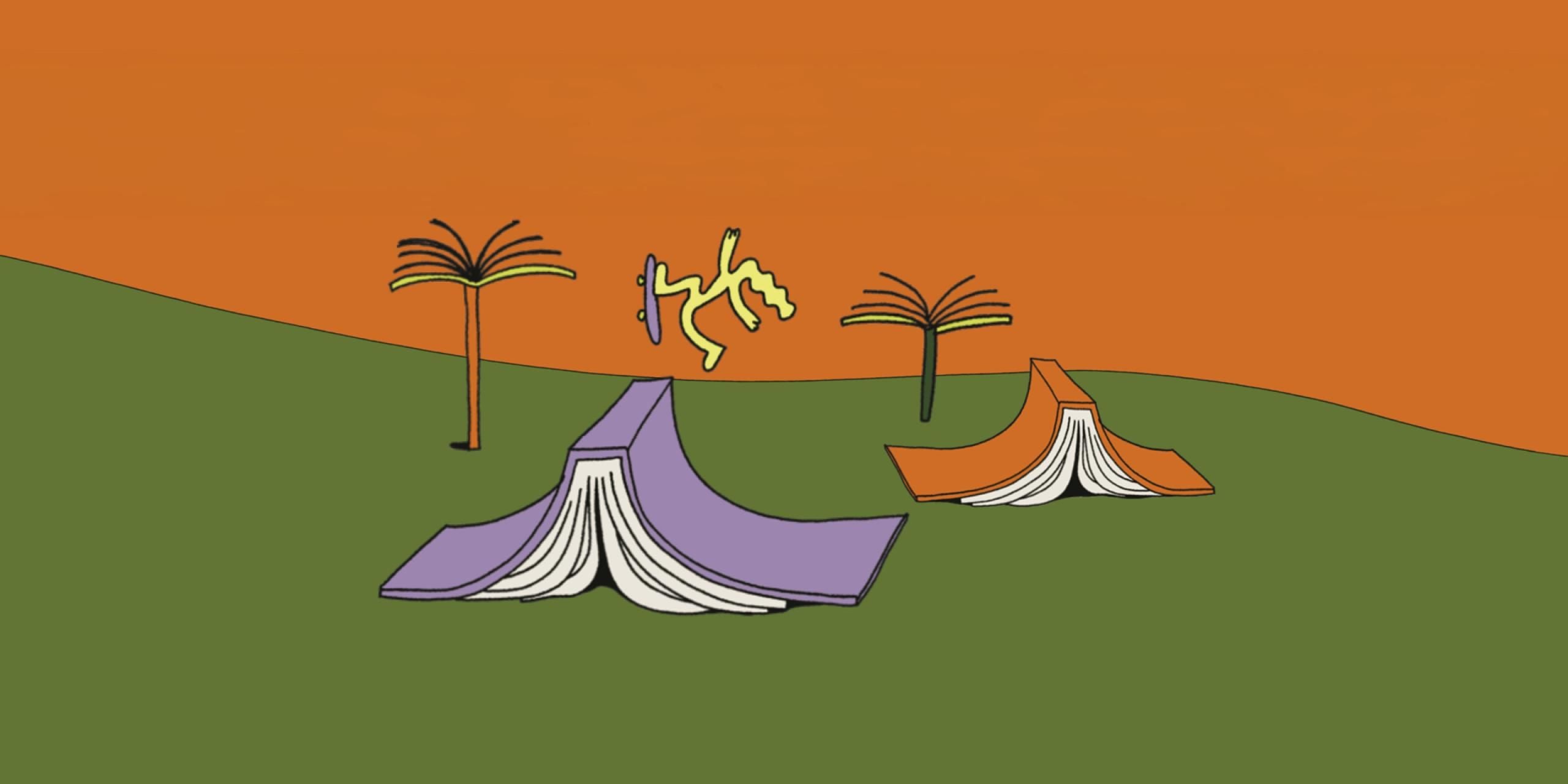 An illustration with giant books arranged become skate ramps, with an energetic-looking character on a skateboard doing tricks around the books. The sky is orange and the ground is green. There are trees made of books, too.