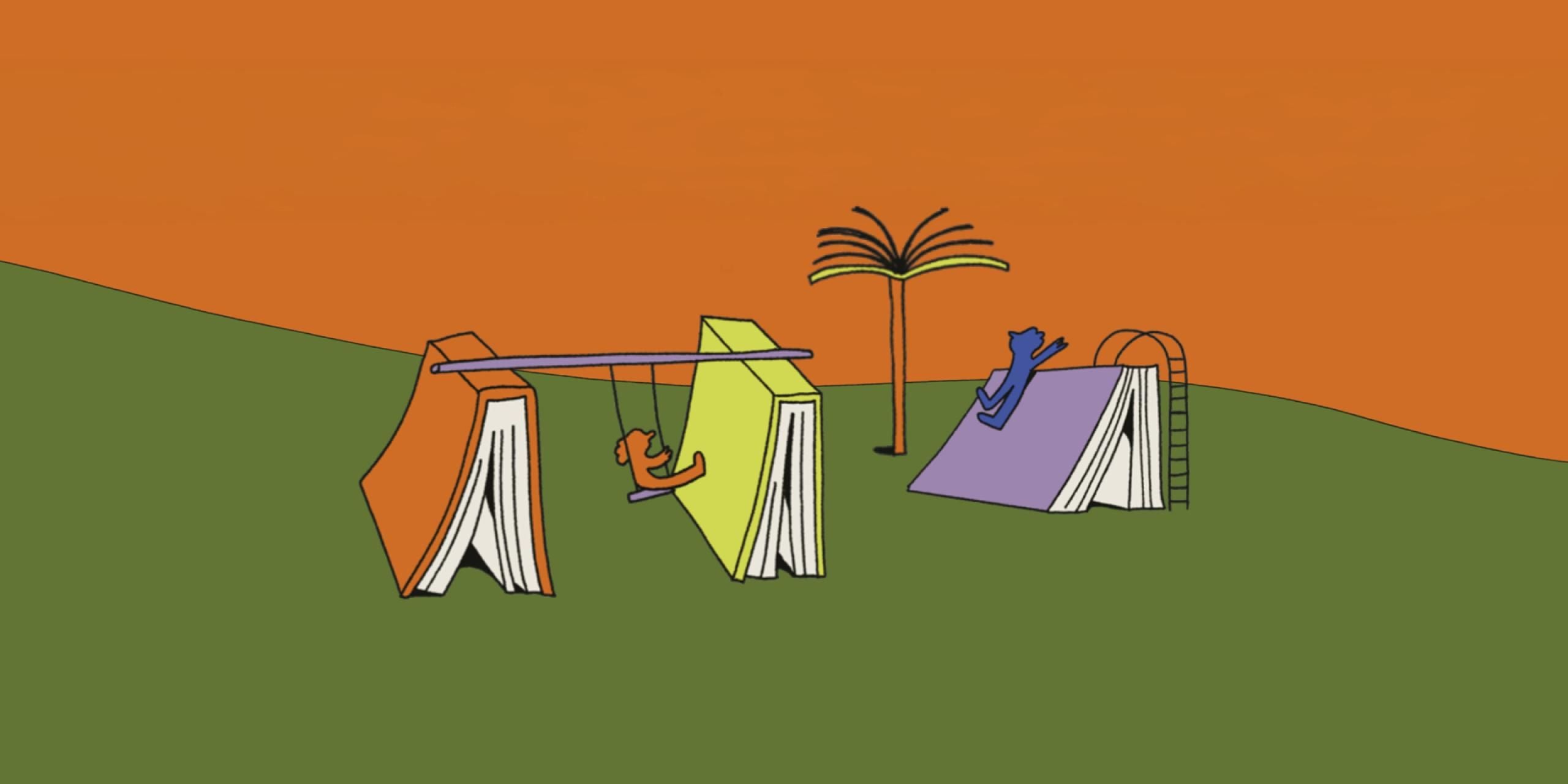 An illustration with giant books arranged into playful situations to become a swing and slide, with two energetic-looking characters swinging and sliding. The sky is orange and the ground is green. There are trees made of books, too.
