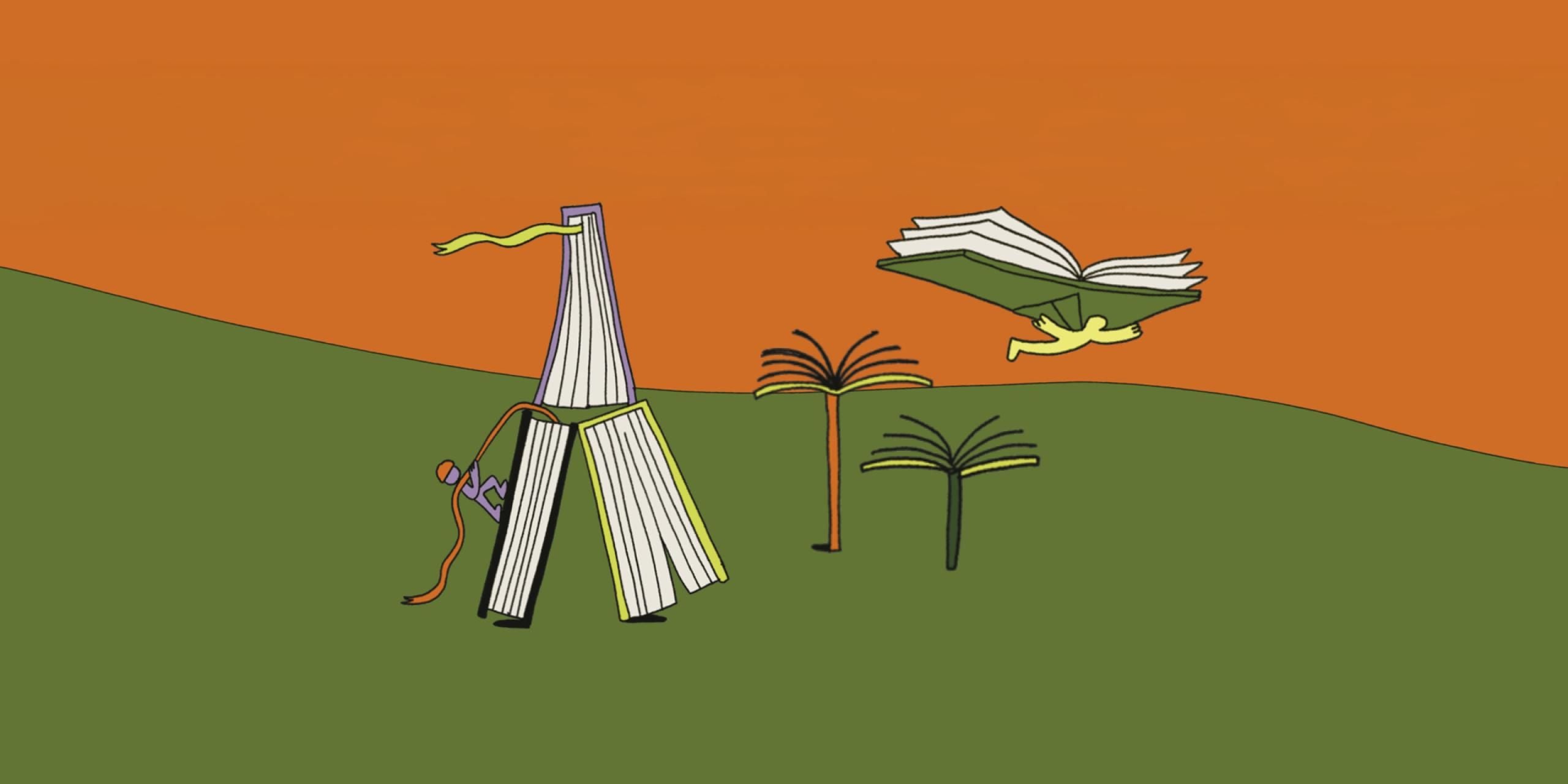 An illustration with giant books arranged into playful situations to become a climbing frame and glider-style plane, with a character climbing and a character flying. The sky is orange and the ground is green. There are trees made of books, too.