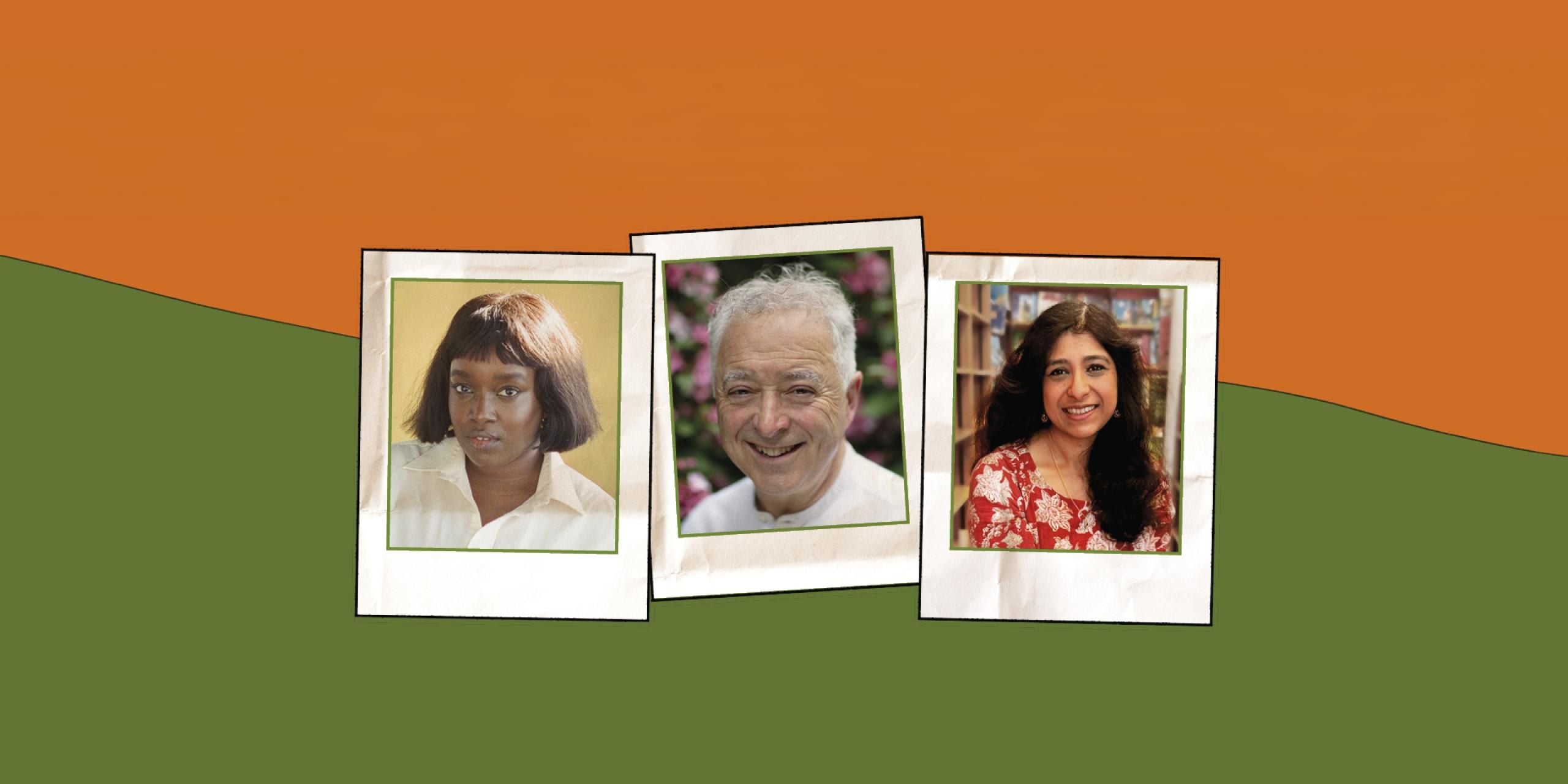 Three headshots in polaroid frames on a green and orange split background. The heashots feature one black woman with brown chin length hair in a white shirt, one white man with short white hair in a white shirt and one South Asian woman with long black hair in a red patterned dress. 