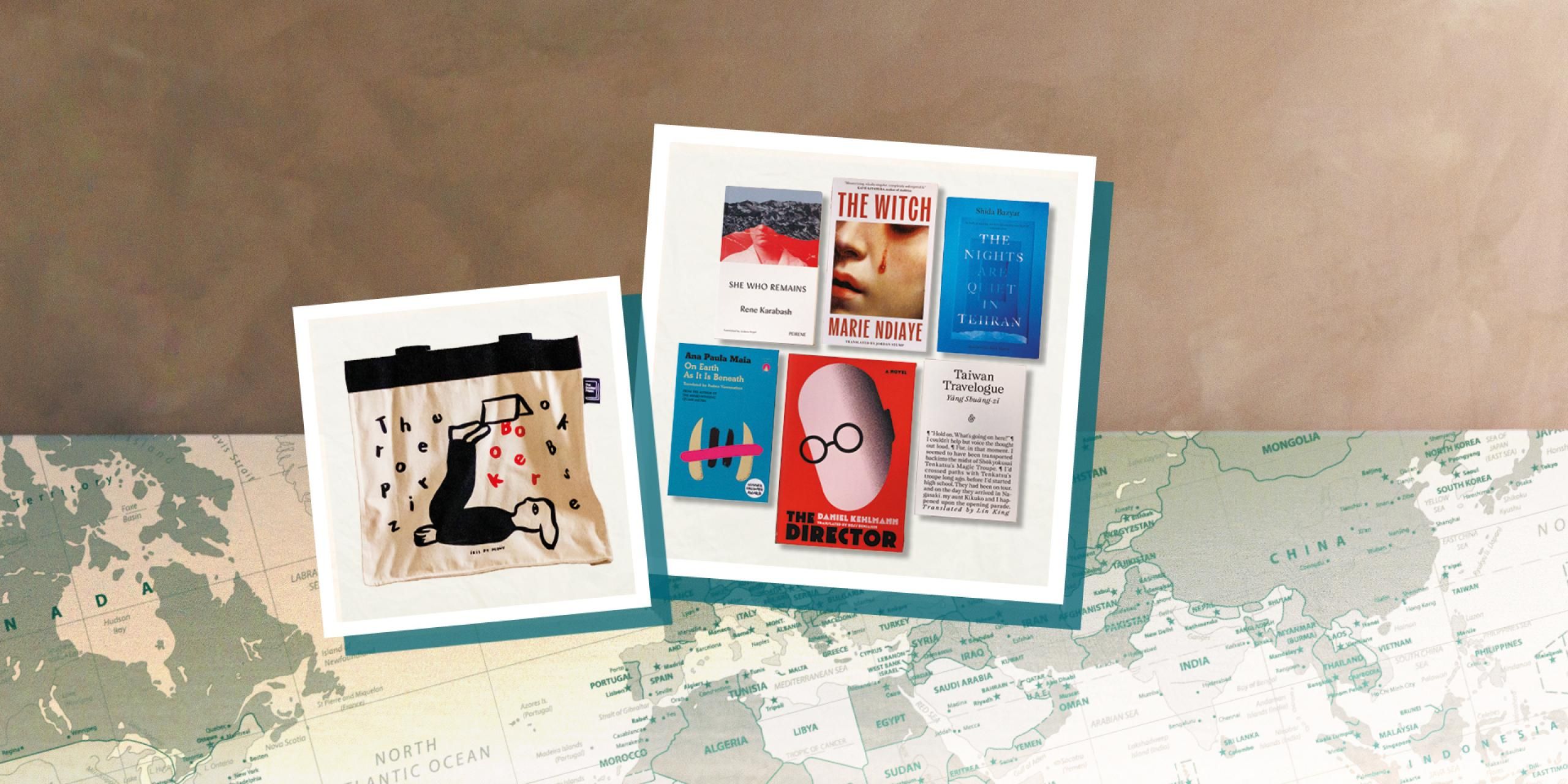 A background of a world map with six individual book covers and a Booker tote bag
