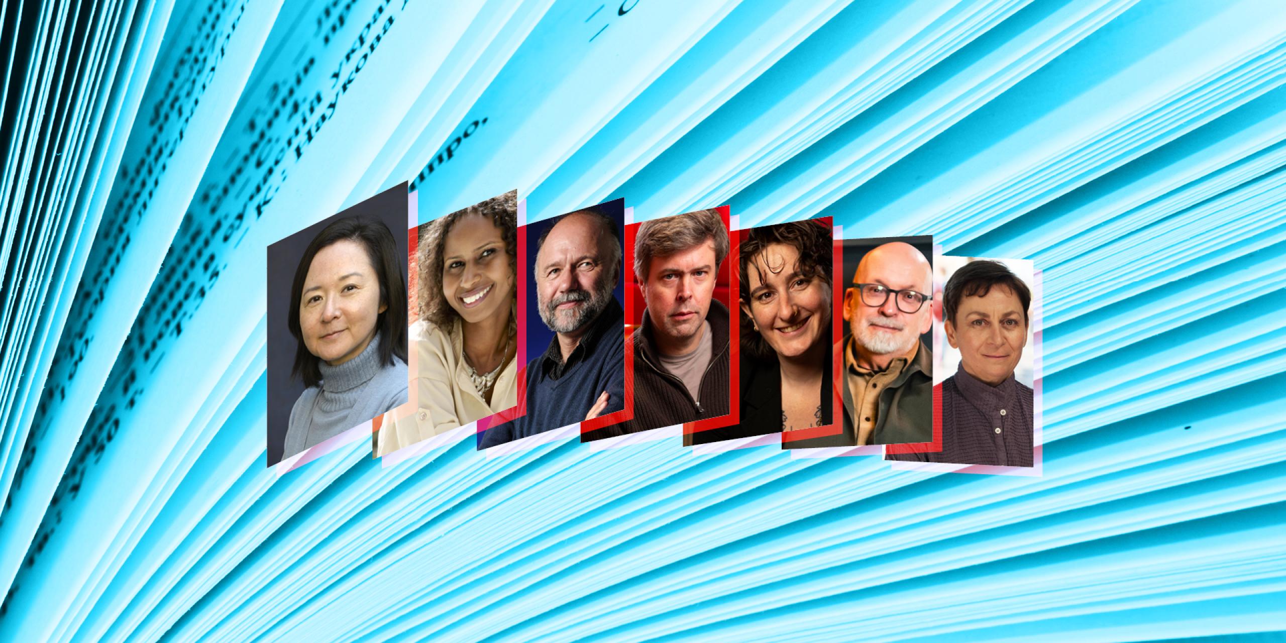 composite image featuring Booker-nominated authors Yoko Ogawa, Roddy Doyle, Nadifa Mohamed, Yael van der Wouden, David Szalay, Andrey Kurkov, Anne Enright