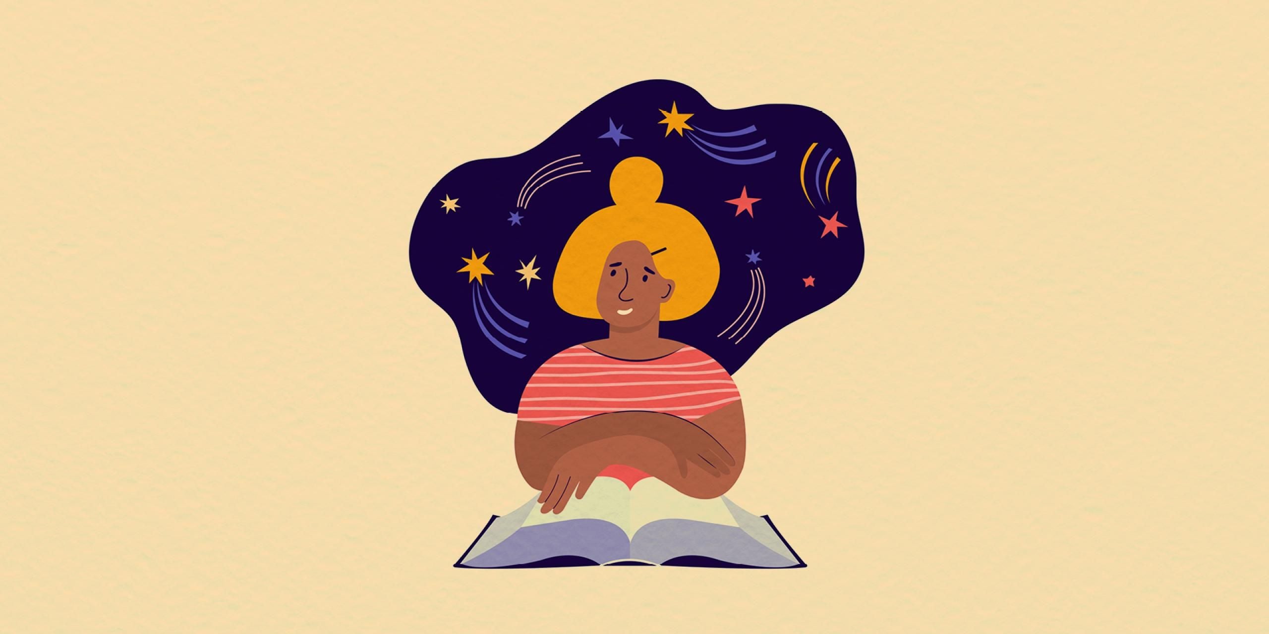 A cream to orange background. An illustration of a girl with brown skin and blond hair, reading her book. Her head is surrounded buy shooting stars and swirls.