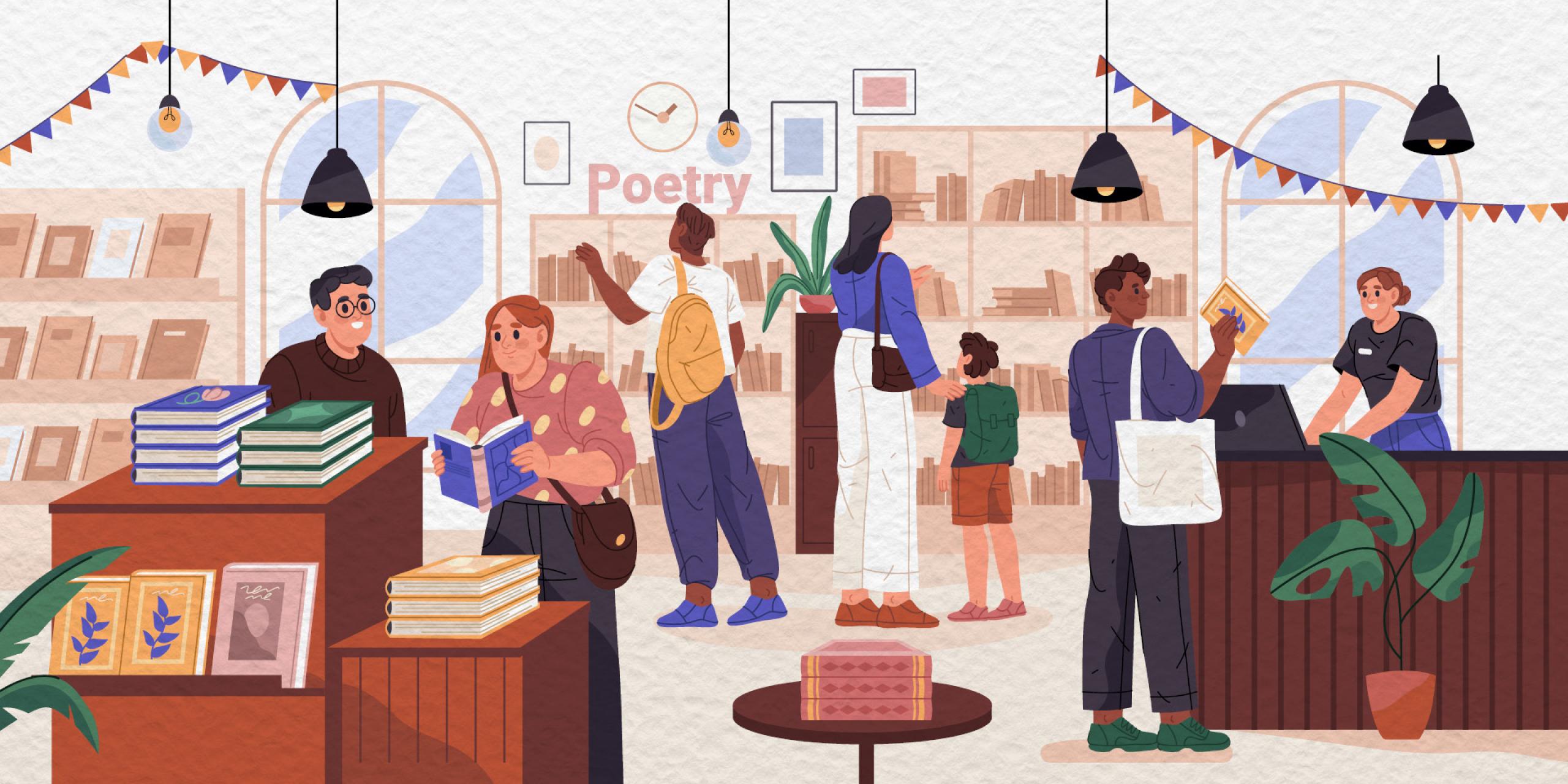 An illustration of 6 adults and 1 child browsing in a book shop. There are plants and bunting decorating the shop.