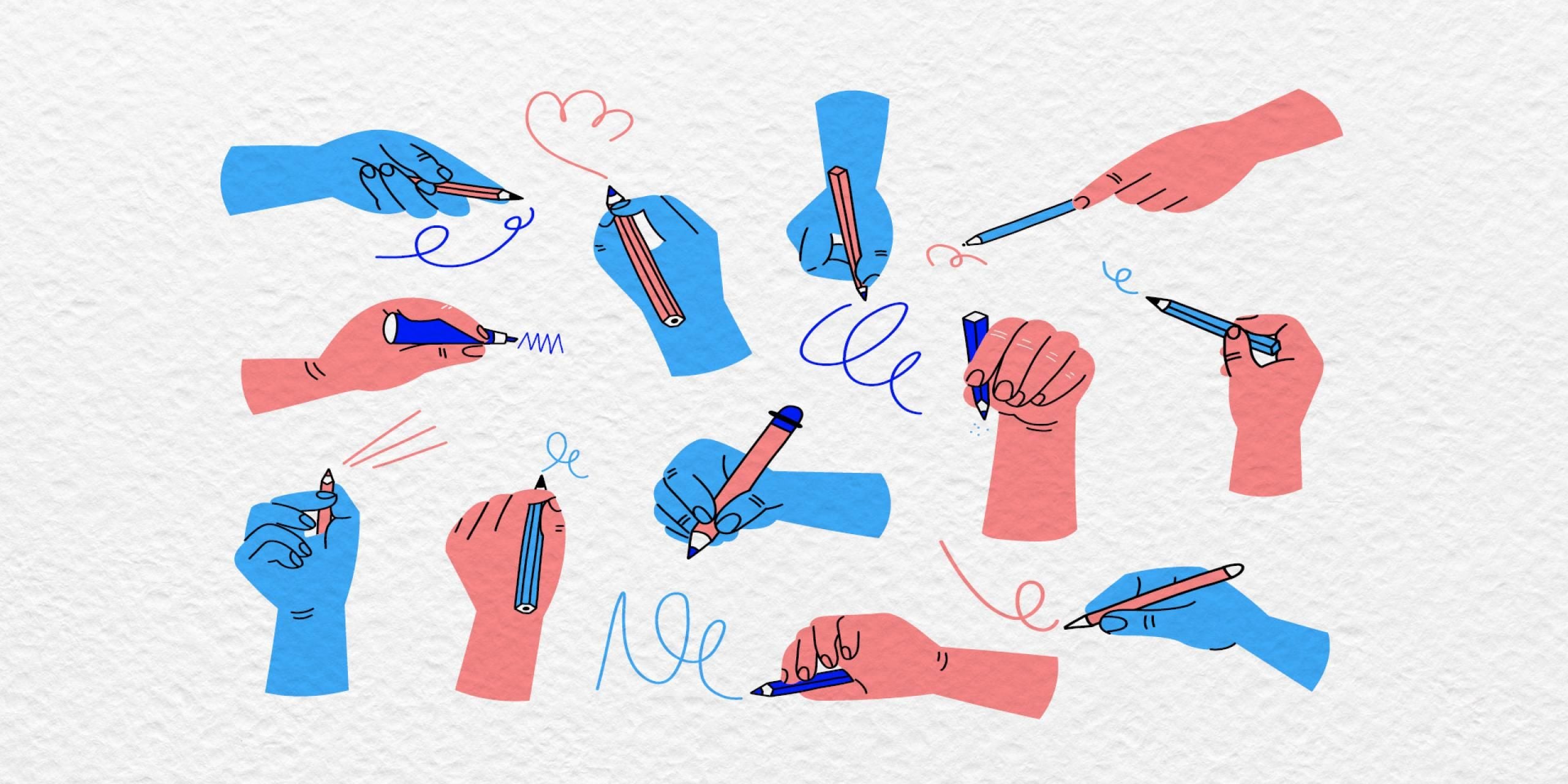 An illustration of hands writing. 6 are blue and 6 are red. They are on a cream background.