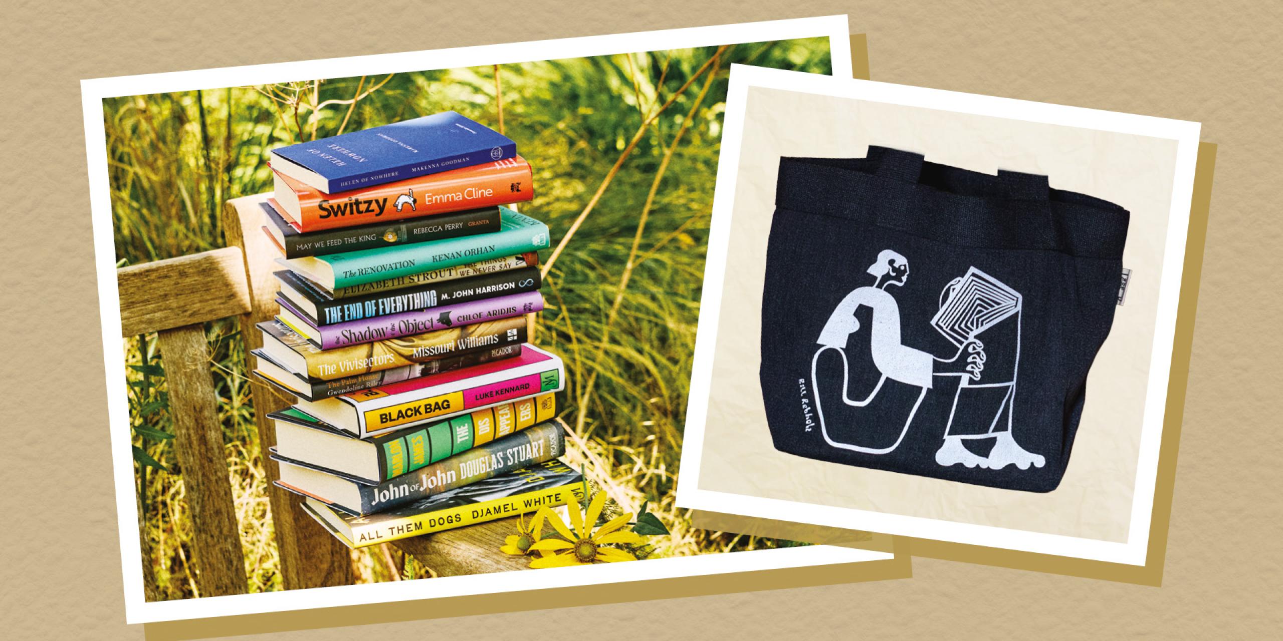 A collage of the 13 nominated book jackets and the Booker Prizes tote bag on a beige background. The bag is a very dark grey/charcoal with an illustration of a person reading in white.