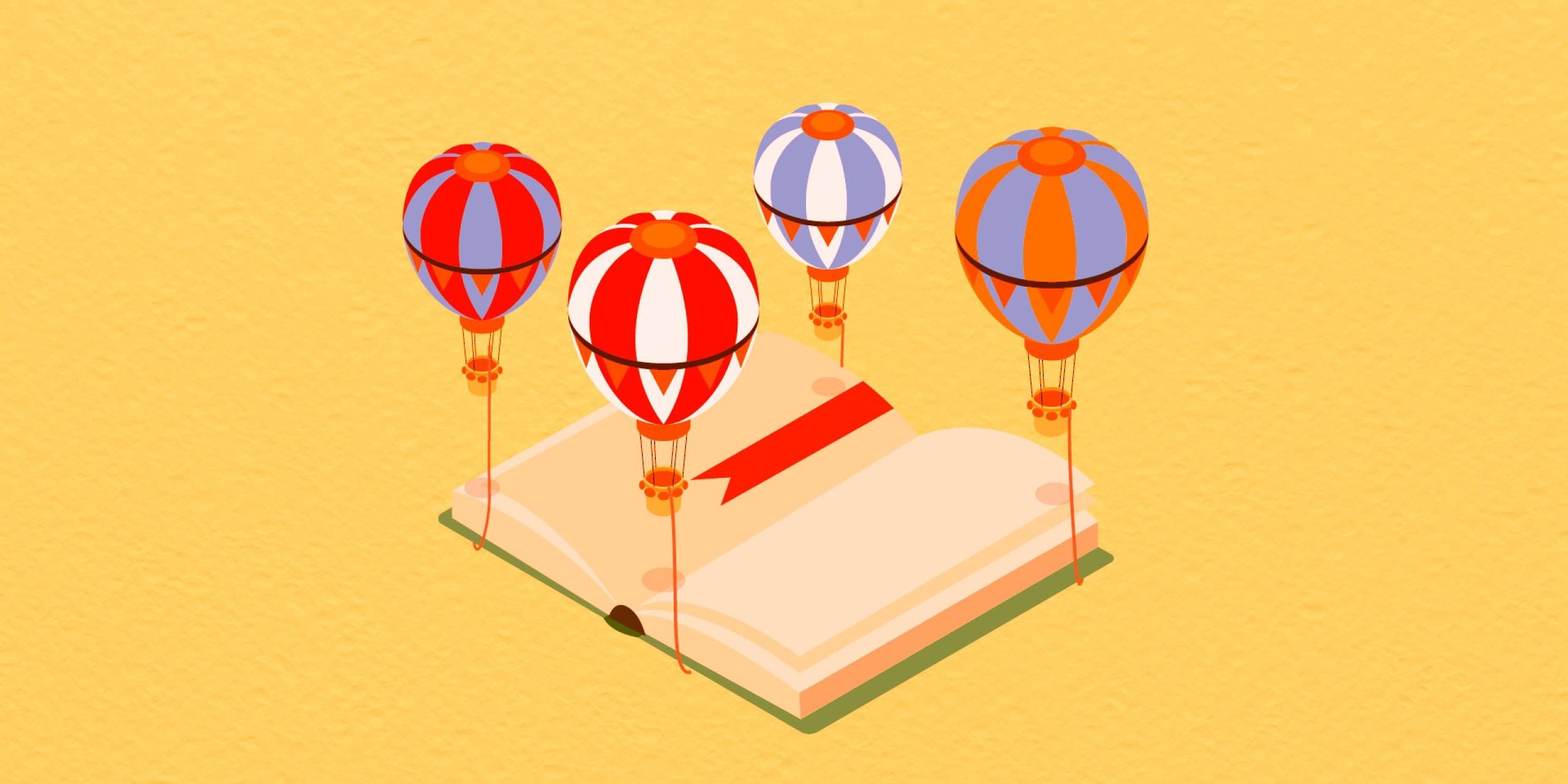 A yellow background. Four hot air balloons lifting up a book by a corner each.