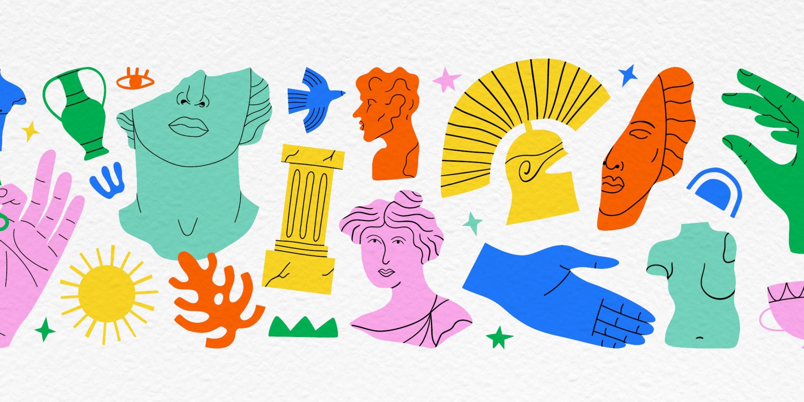 A series of Ancient Greek iconograpphy, in a range of bright colours.