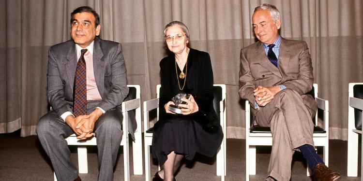 Ruth Prawer Jhabvala sits between producer Ismail Merchant and director James Ivory