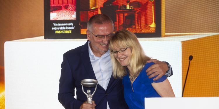 Author Georgi Gospodinov hugs translator Angela Rodel after winning the International Booker Prize 2023 for the novelTime Shelter