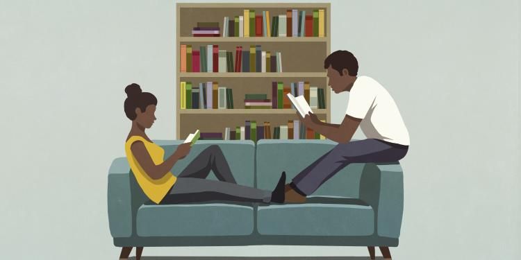 Couple reading books on sofa illustration