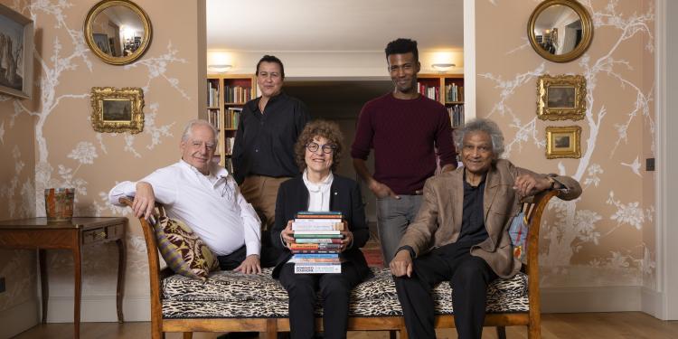 Group photo of the International Booker Prize 2024 Judges; William Kentridge, Natalie Diaz, Eleanor Wachtel, Aaron Robertson and Romesh Gunesekera.