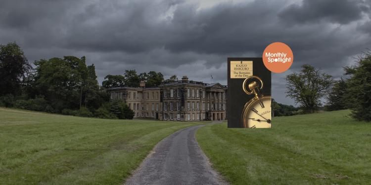 The Remains of the Day book cover on top of an image of a British manor with grey skies above.