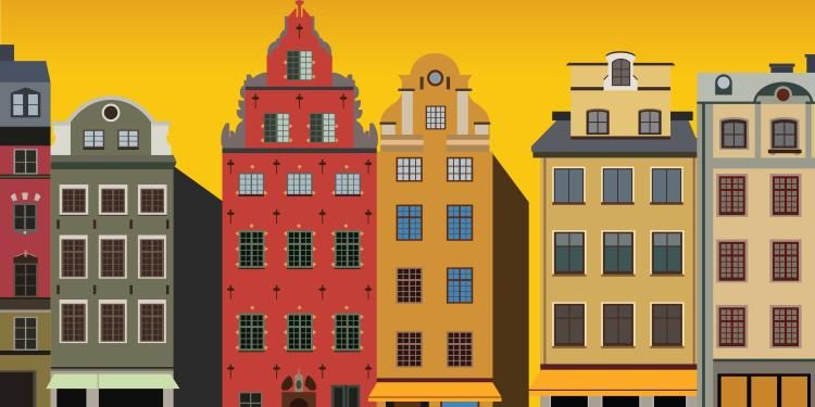 Illustration of sunset view of Houses on Stortorget square in Gamla stan in Stockholm, Sweden.