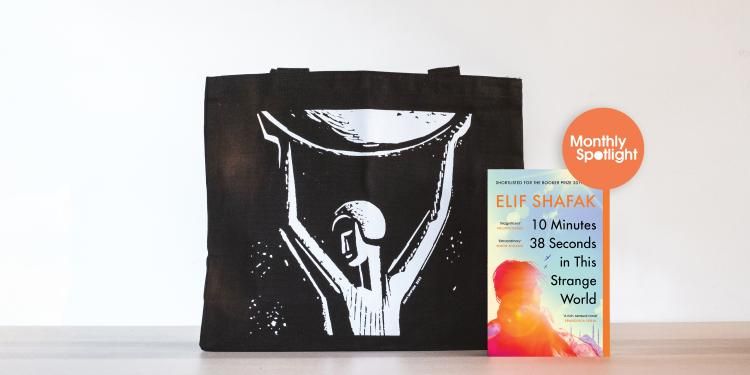 Booker Prize Competition black bag with the front cover of 10 Minutes and 38 Seconds.
