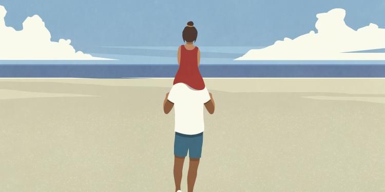 Illustration of child on father's shoulders at the beach.