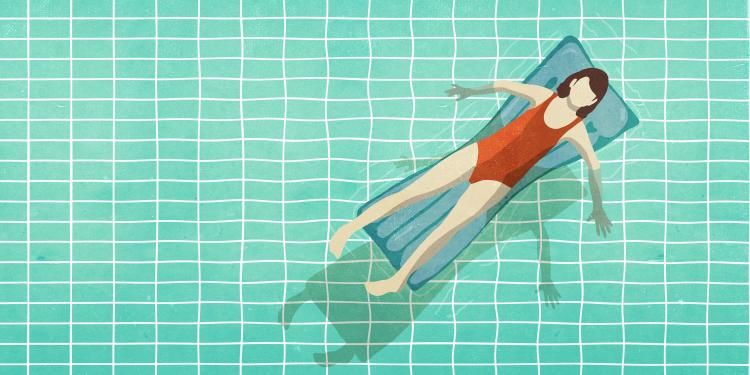 Illustration of a woman lying on an inflatable lounger in a pool.