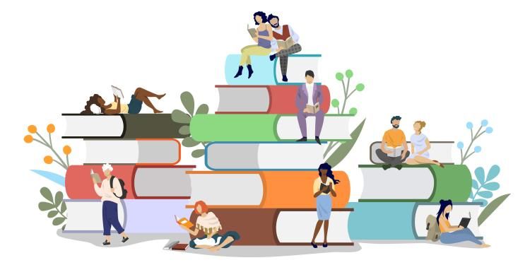 Diversity people readers male and female characters reading books while sitting on book pile.