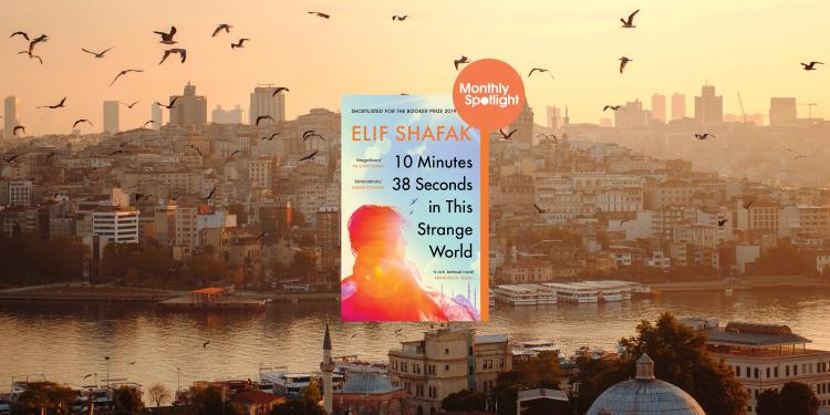 Front cover of 10 Minutes and 38 Seconds in This Strange World on top of a picture of a beautiful sunrise at Istanbul.