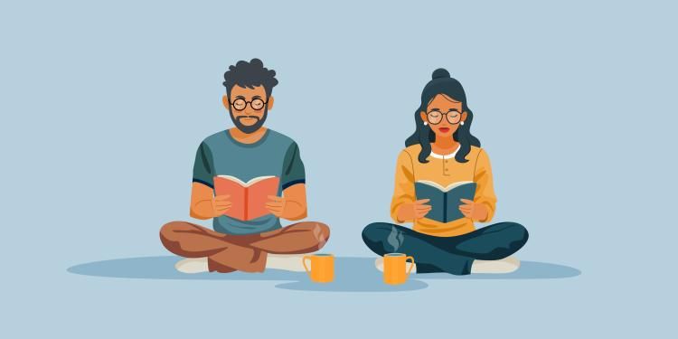  Illustration concept shows a man and a woman reading a book during their relaxing time.