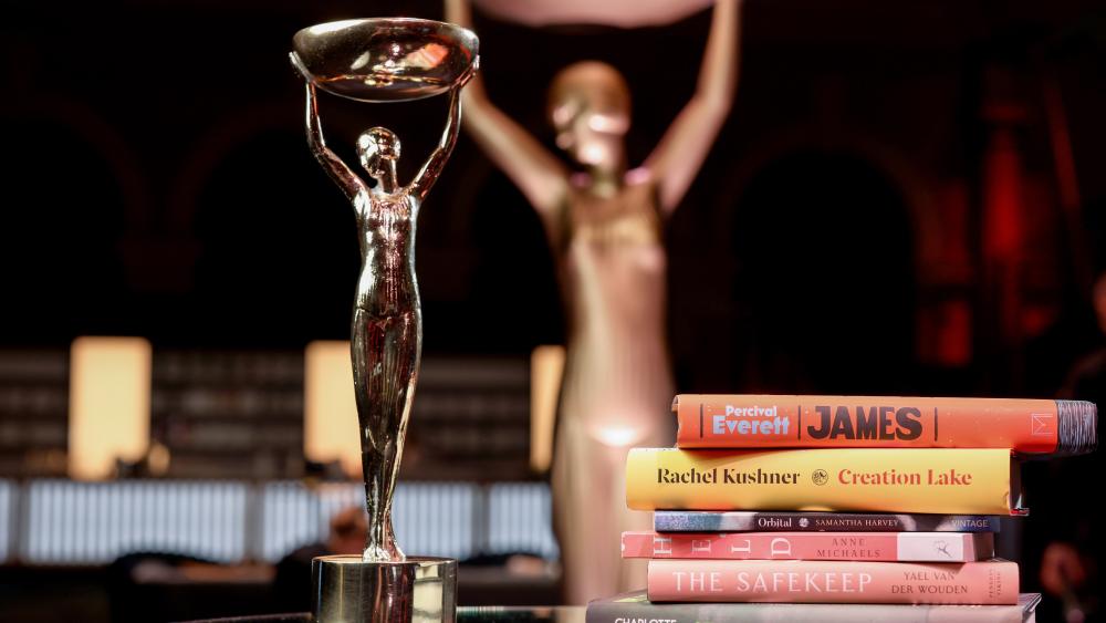The Booker Prize 2024 shortlisted books and trophy