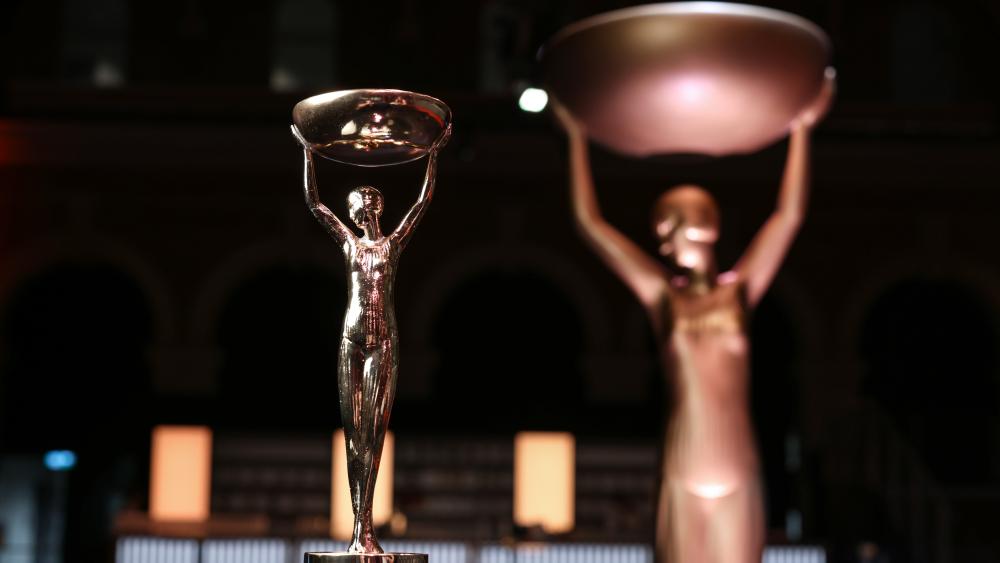 Iris, the Booker Prize trophy, at the 2024 ceremony