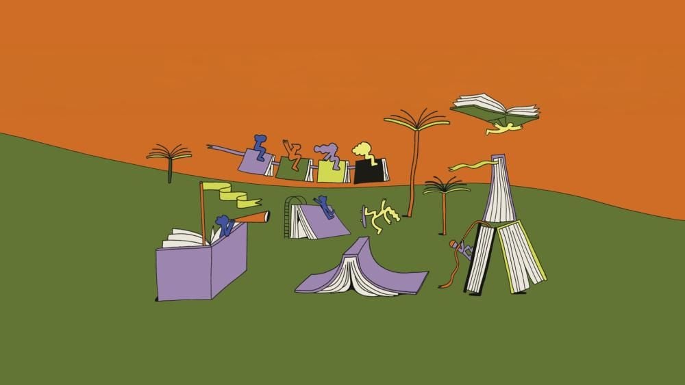 An illustration with giant books arranged into playful situations to become a slide, skate ramp, rollercoaster, climbing frame and plane, with energetic-looking characters playing in, on and around the books. The sky is orange and the ground is green. There are trees made of books, too.