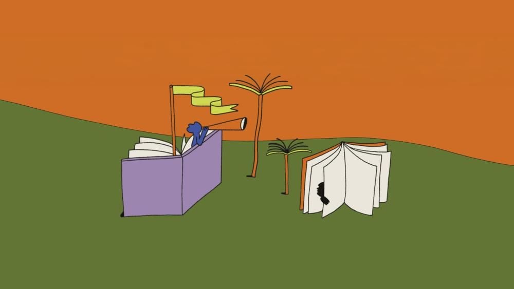 An illustration with giant books arranged into playful situations to become a dens, with energetic-looking characters playing in, on and around the books. The sky is orange and the ground is green. There are trees made of books, too.