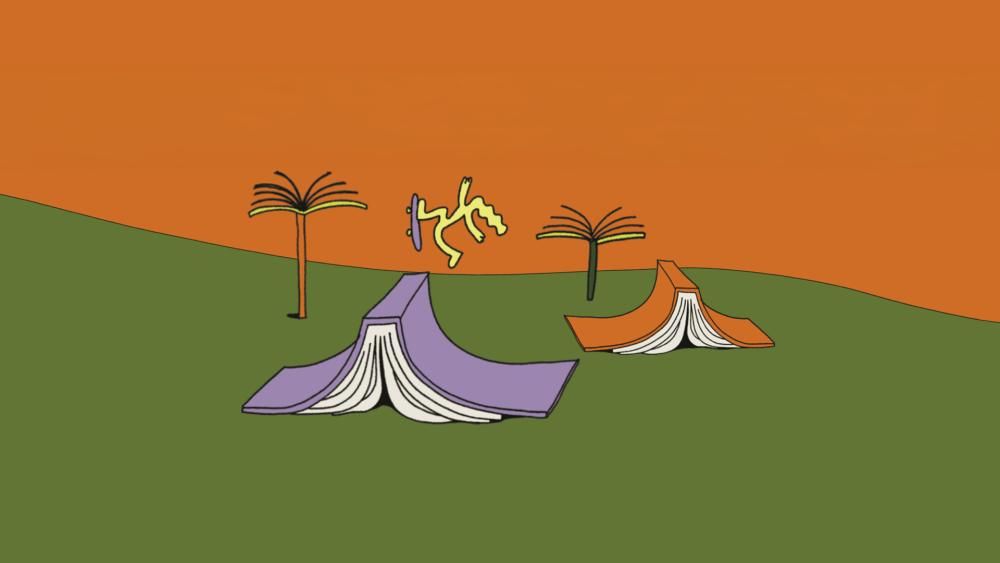 An illustration with giant books arranged become skate ramps, with an energetic-looking character on a skateboard doing tricks around the books. The sky is orange and the ground is green. There are trees made of books, too.