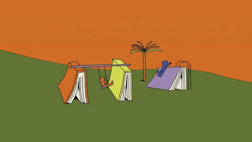 An illustration with giant books arranged into playful situations to become a swing and slide, with two energetic-looking characters swinging and sliding. The sky is orange and the ground is green. There are trees made of books, too.
