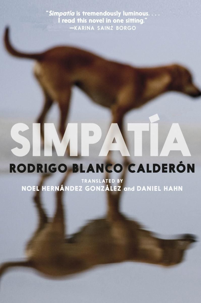 Book cover of Simpatia by Rodrigo Blanco Calderon showing a blurry image of a dog and it's reflection.
